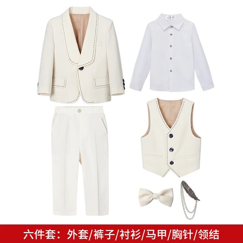 米色6件套（衬衫+外套+马甲+长裤+领结+胸针）