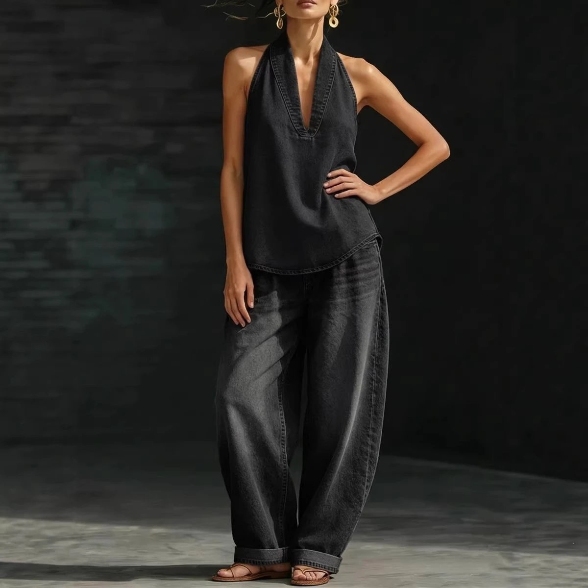 Denim Halter Top And Wide Leg Pants Set Blue Casual