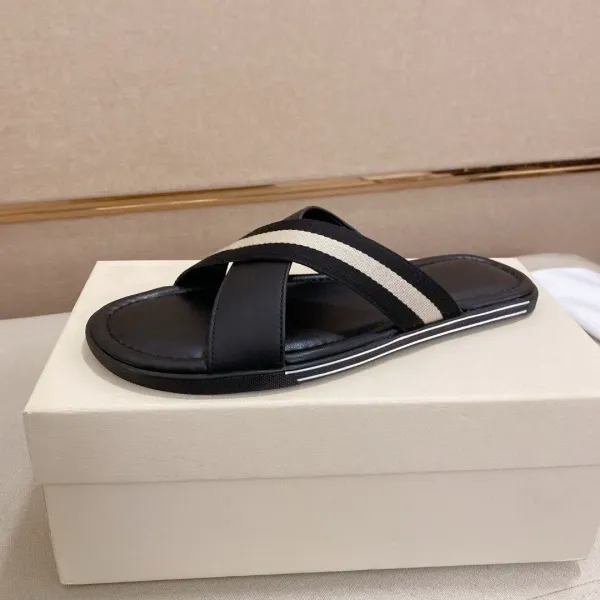 Design Cross-Strap Slide Sandal Black with Beige Stripe Slippers - 1