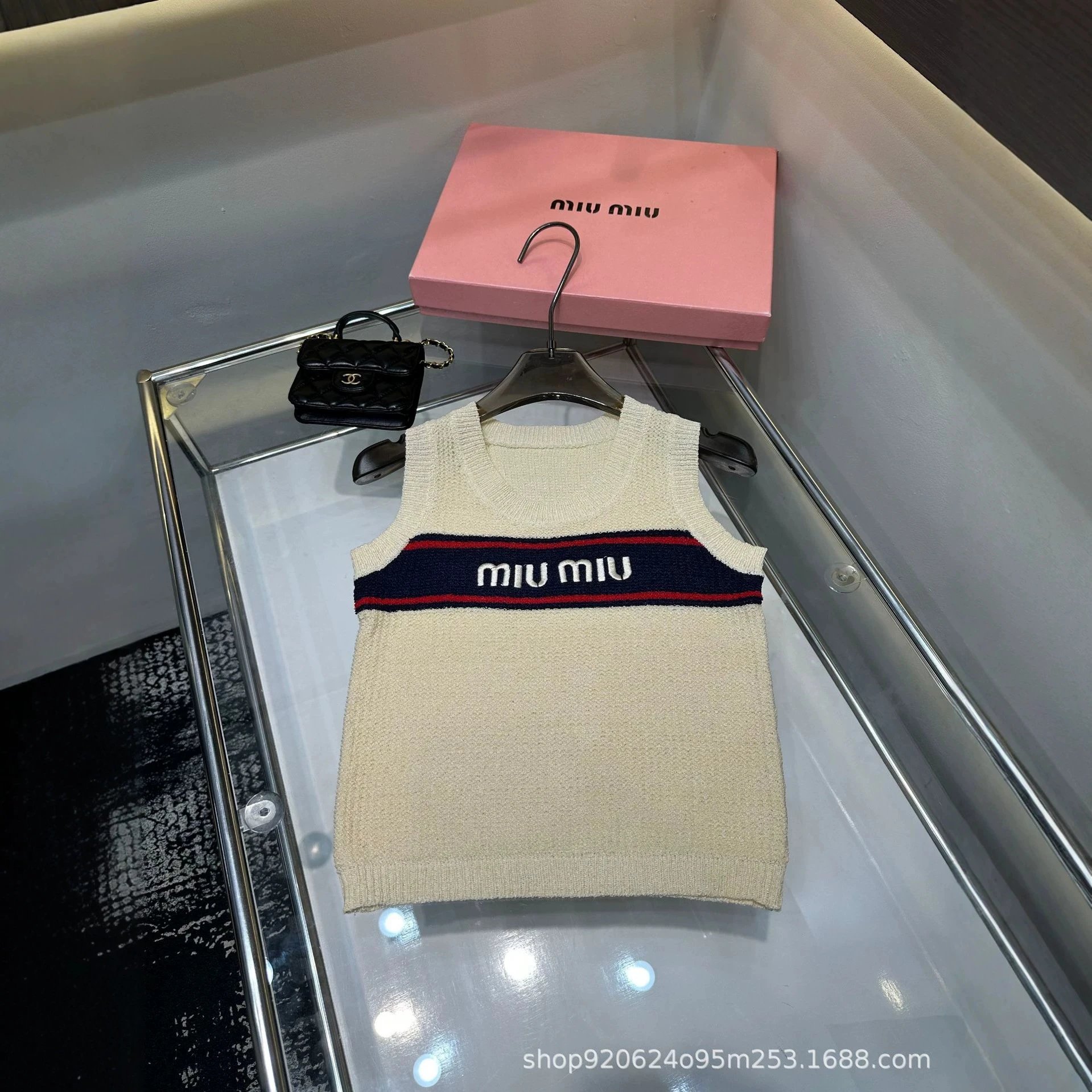Miu Miu Knit Sleeveless Beige Logo Stripe Tank Top