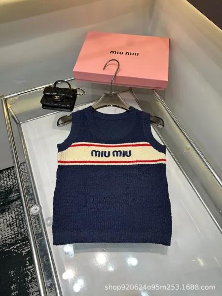 Miu Miu Logo-Striped Knit Vest Top Navy - 1