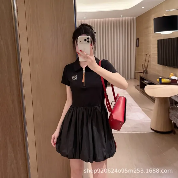Loewe Polo Dress Black with Anagram Logo and Zipper Detail - 1