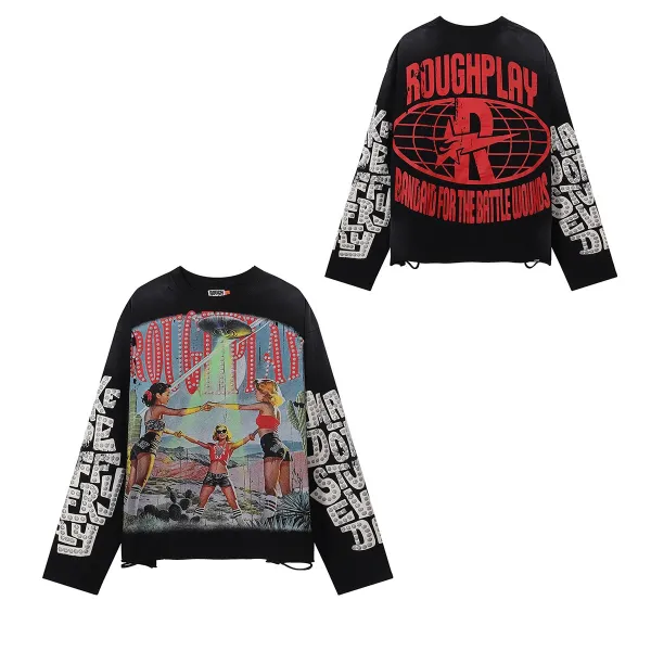 Design Roughplay Bandaid For The Battle Wounds Graphic Long-Sleeve Tee Black T-Shirts - 1