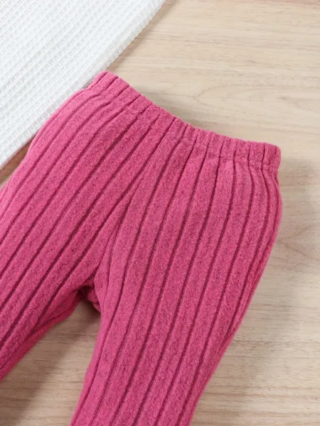 Design Ribbed Knit Crop Top and Flare Pants Set Pink - 6