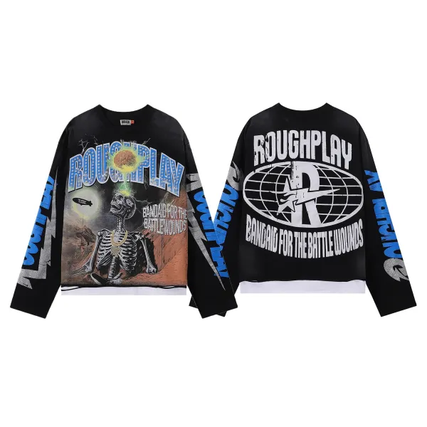 Design Roughplay Bandaid For The Battle Wounds Graphic Long-Sleeve T-Shirt Black T-Shirts - 1