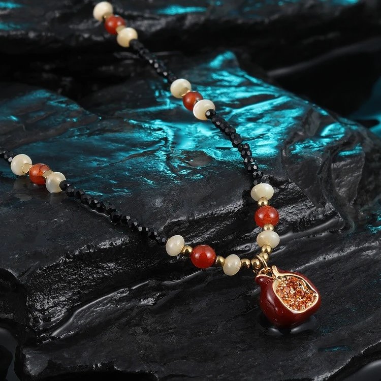 Pomegranate Pendant Necklace Black Beaded Orange White Bohemian