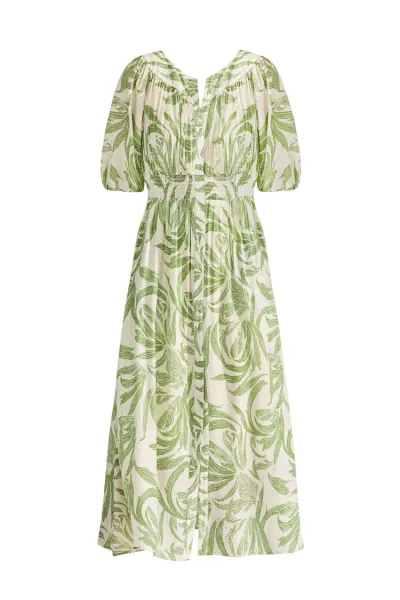 Design Leaf Print V-Neck Midi Dress in Green and Cream - 14