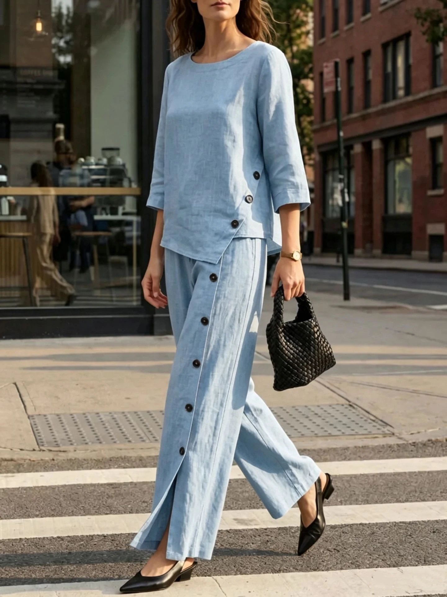 Design Linen Button-Asymmetry Set Yellow Pants and Top - 6