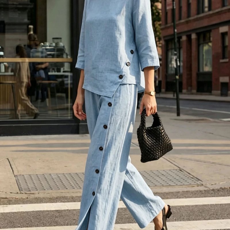 Linen Button-Asymmetry Top and Wide-Leg Pants Set Beige