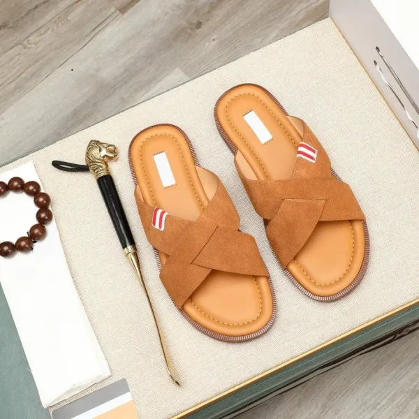 Thom Browne Cross-Strap Suede Slides Beige Sandals Slippers - 1