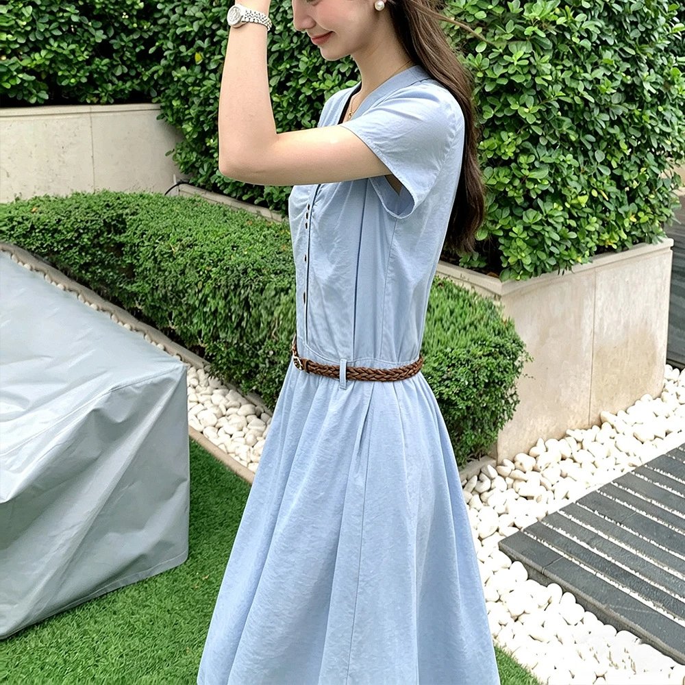 White Linen Blend V-Neck Button-Front Midi Dress with Braided Belt