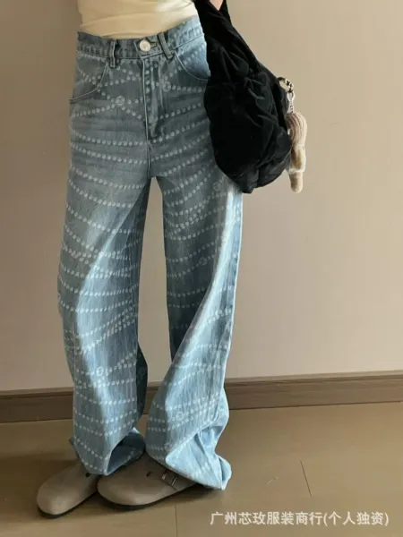 Design Wide-Leg Jeans with Abstract Dot Pattern Blue and Light Gray - 7