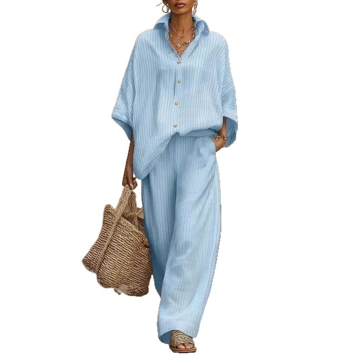 Striped Linen Blend Button-Up Shirt and Wide Leg Pant Set Casual