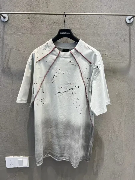 Balenciaga Distressed Paint-Splatter T-Shirt Gray - 1