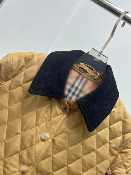 Design Quilted Jacket with Corduroy Collar Beige Outerwear - 11