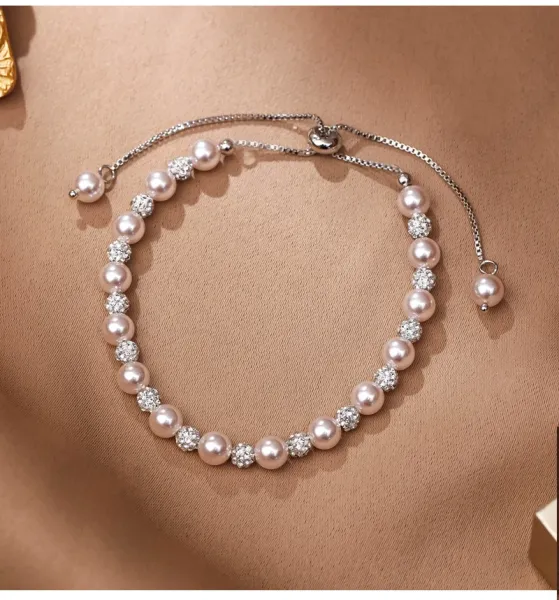 Design Pearl and Crystal Beaded Adjustable Bracelet Pink Silver Jewelry - 11