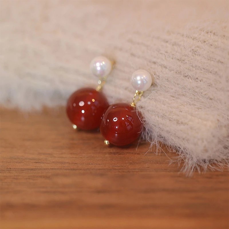 Red Agate Pearl Drop Earrings Red Bohemian