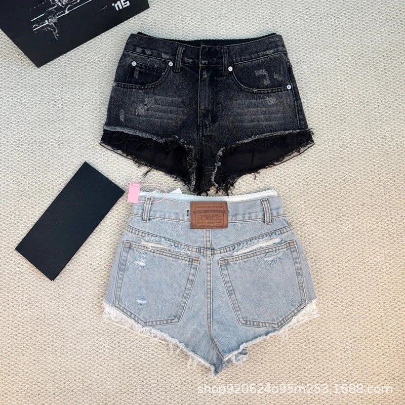 Design Distressed Frayed Hem Denim Shorts Black and Light Wash - 6