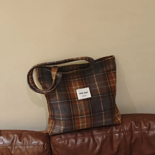 Design Miss Bag Plaid Wool-Blend Tote Bag Brown Multicolor Tote Bag - 6