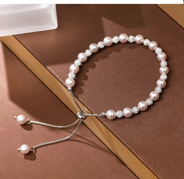 Design Pearl and Crystal Beaded Adjustable Bracelet Pink Silver Jewelry - 12