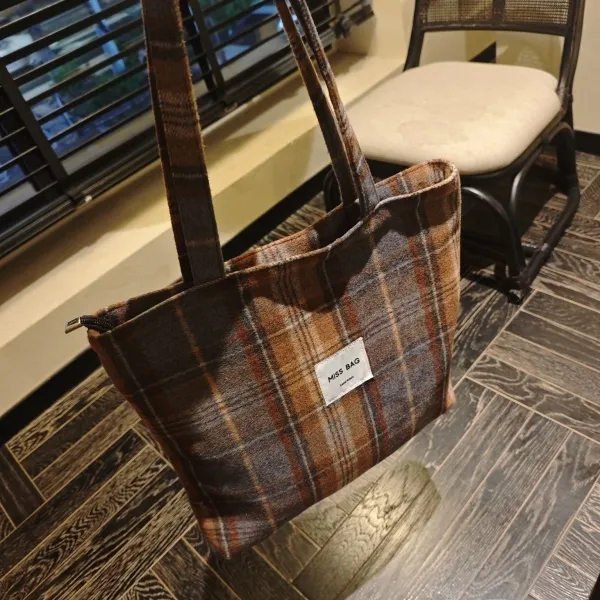 Design Miss Bag Plaid Wool-Blend Tote Bag Brown Multicolor Tote Bag - 9