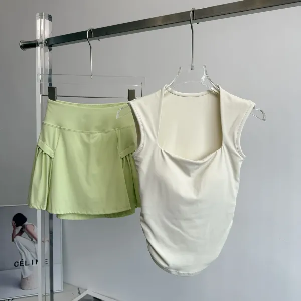 Design Square-Neck Sleeveless Top and Pleated Mini Skirt Set in Cream and Lime Green - 1