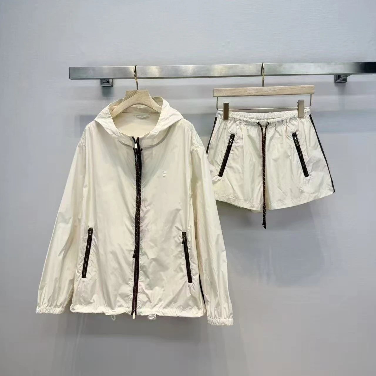 Letter Embroidered Drawstring Hooded Windbreaker Jacket and Shorts Set