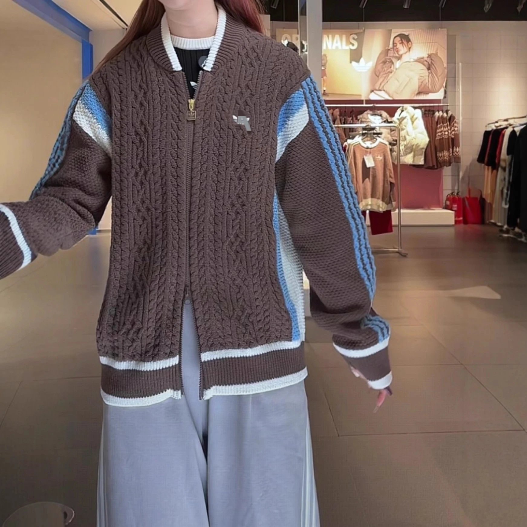 Cable Knit Varsity Jacket Brown And Green Colorblock Casual Sweater
