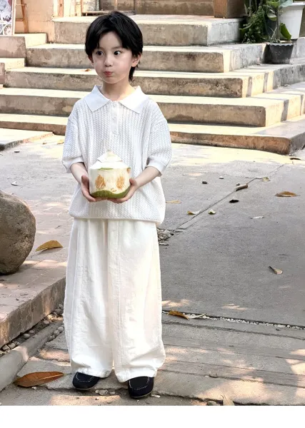 Design MKX Studio Knit Polo Shirt and Wide-Leg Pants Set in Off-White Sets - 2