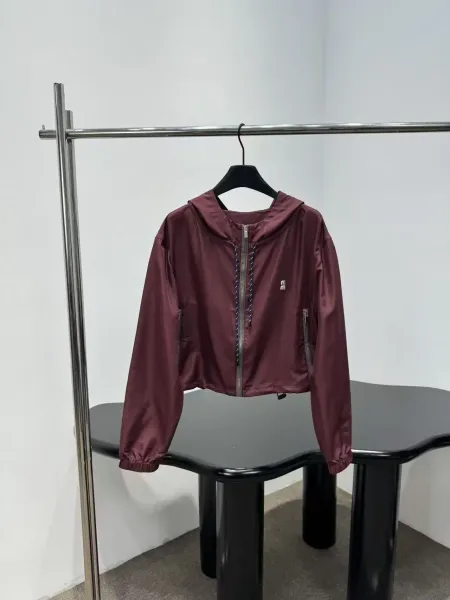 Design Cropped Hooded Windbreaker Burgundy Outerwear - 1