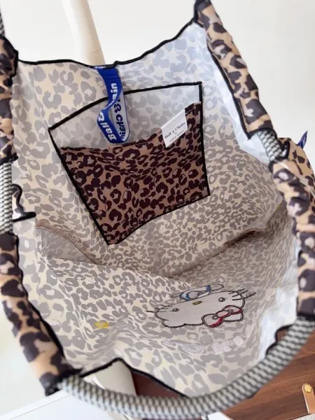 Hello Kitty Leopard Print Tote Bag with Embroidered Character and Charm - 26