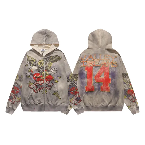 Design Valley Dreams Eagle Print Distressed Zip-Up Hoodie - 1