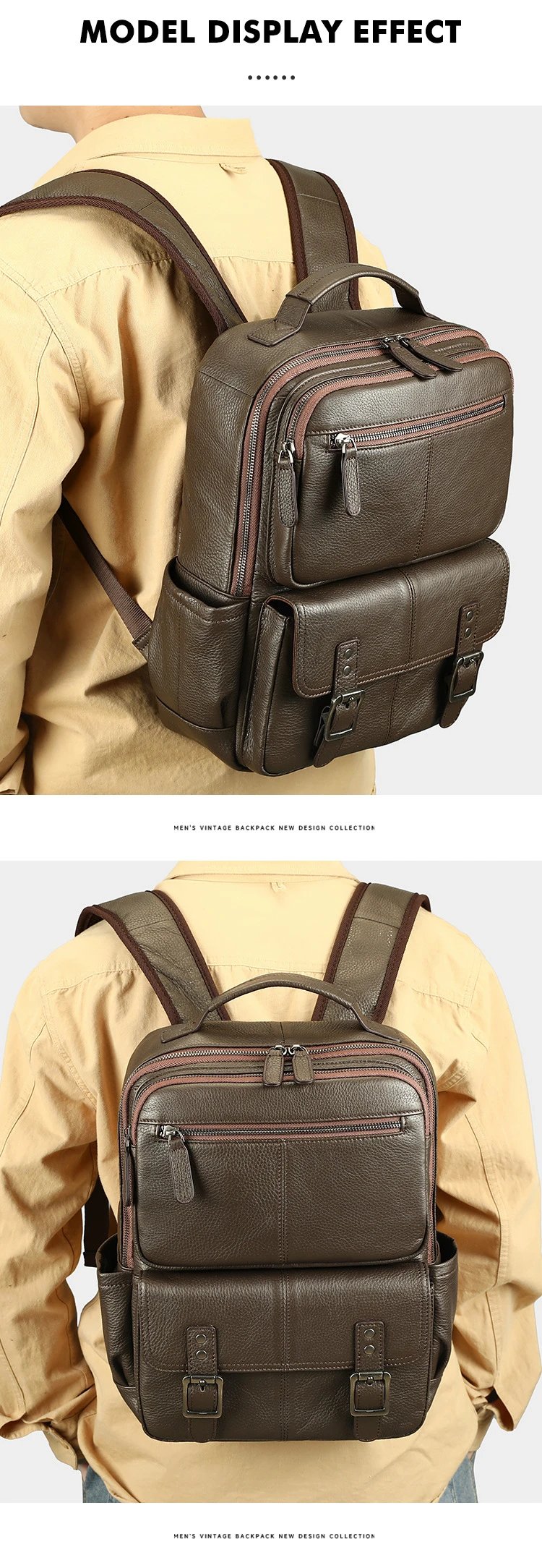 Design Classic Buckle-Flap Leather Backpack Black - 6