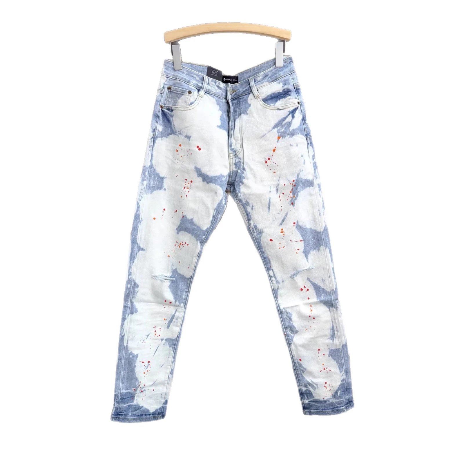 Purple Brand Distressed Bleach Wash Blue Splatter Paint Denim Jeans