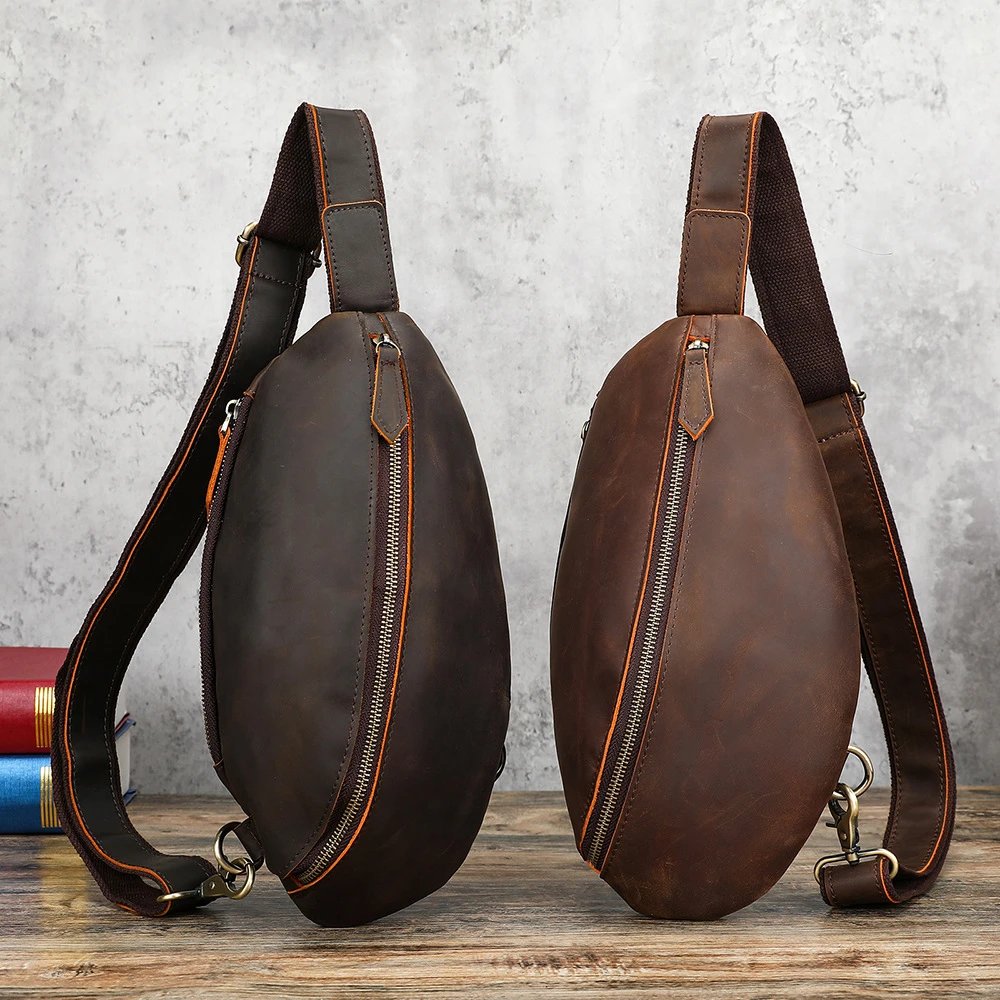 跨境复古真皮单肩斜挎包men leather chest bag疯马皮男士胸包