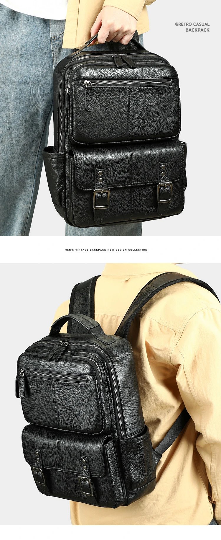 Design Classic Buckle-Flap Leather Backpack Black - 7