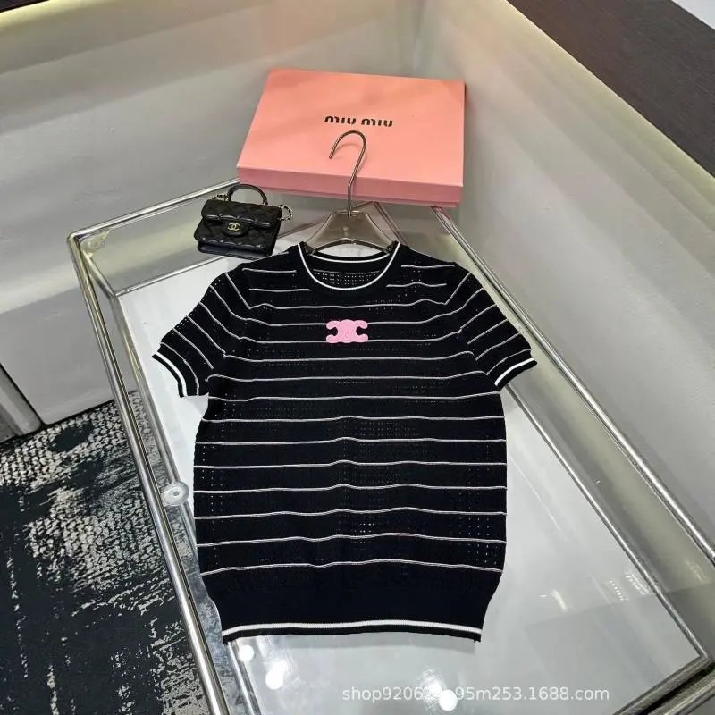 Miu Miu Knit Top White Pink Striped Logo Casual