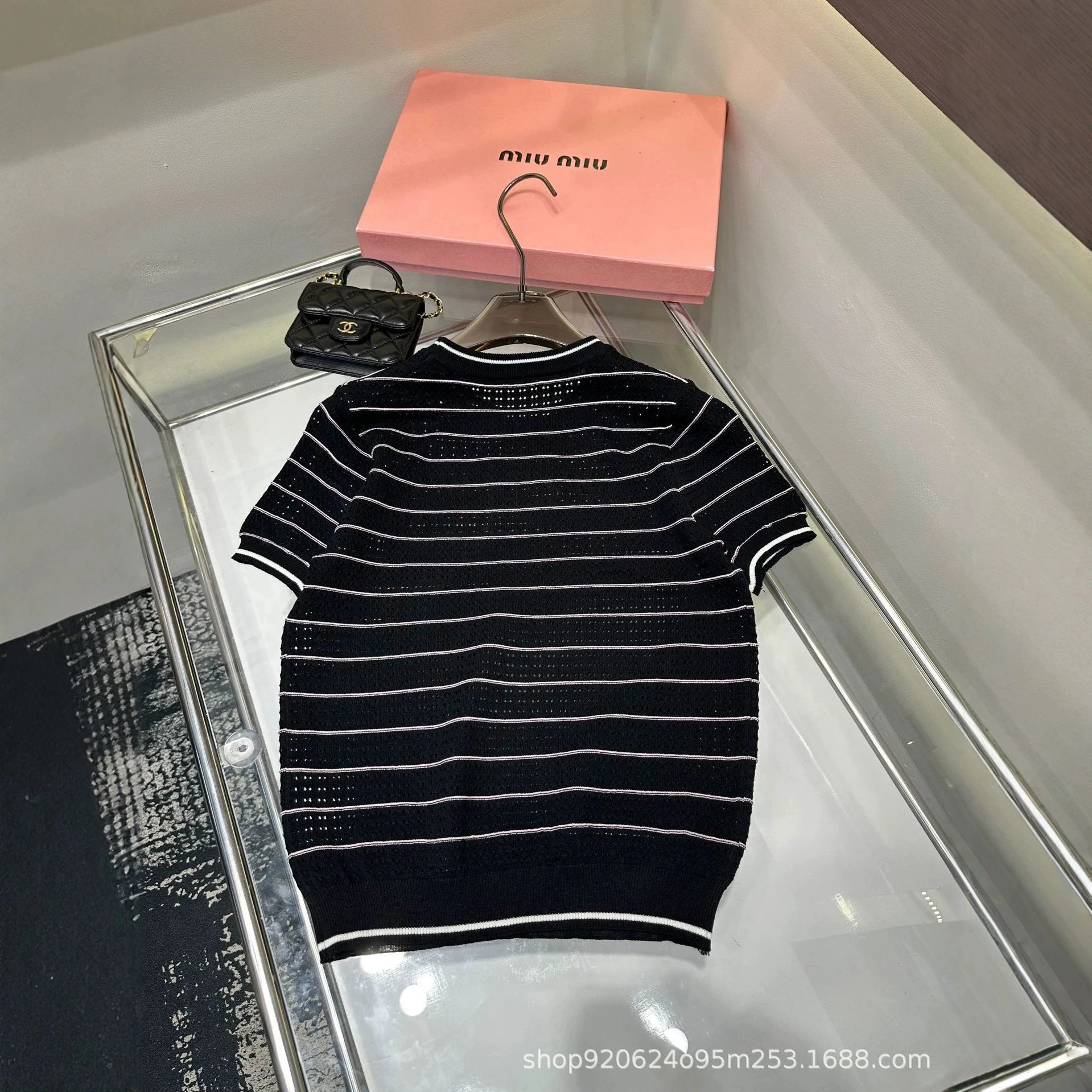 Miu Miu Knit Top White Pink Striped Logo Casual