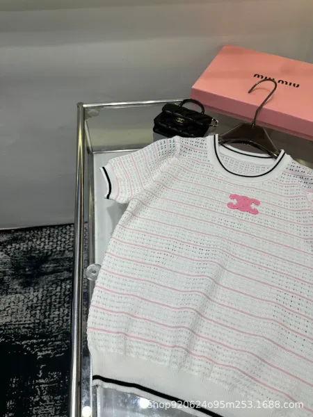 Chanel Pink CC Logo Striped Knit T-Shirt Black - 4