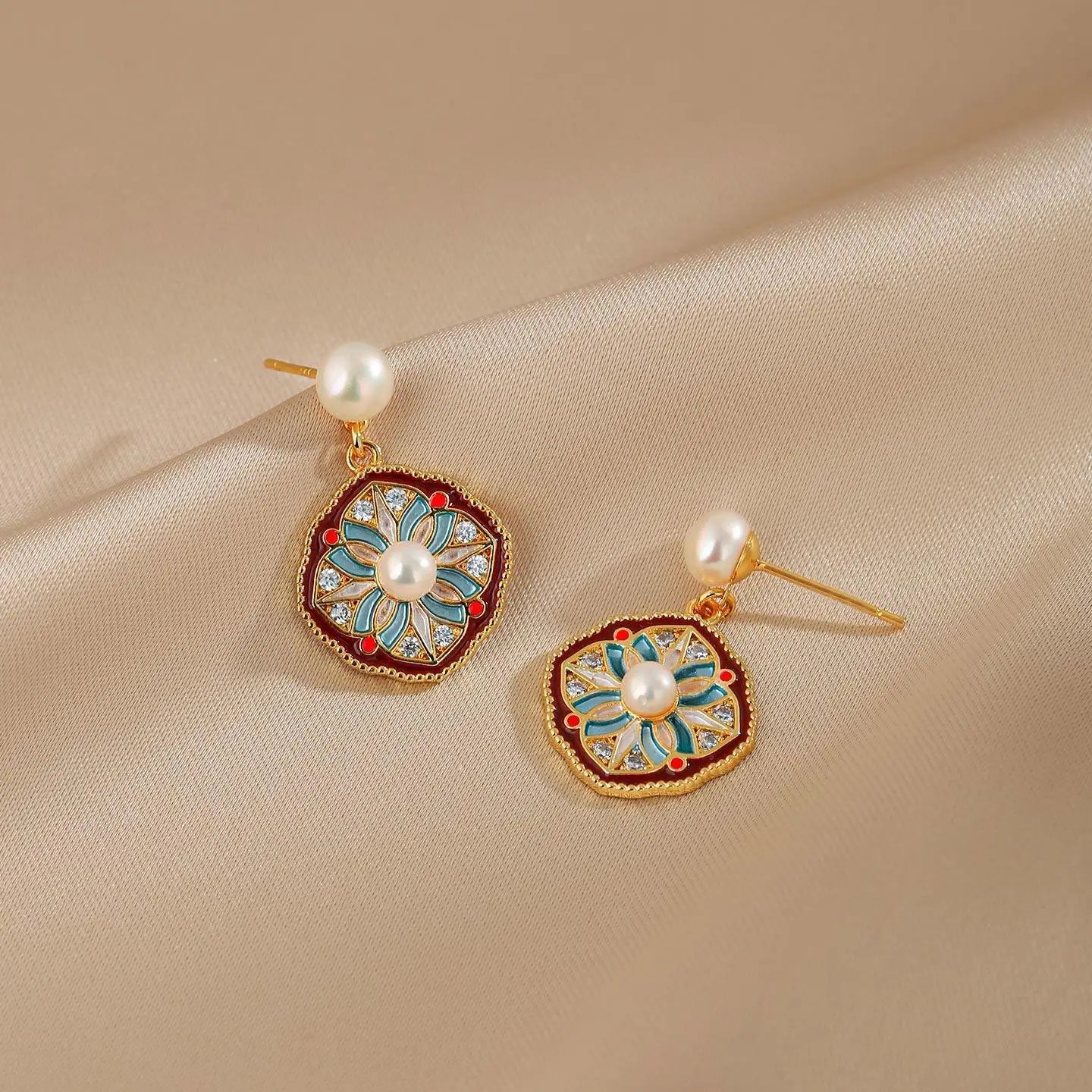 Gold Tone Enamel Red Blue Floral Pearl Drop Earrings