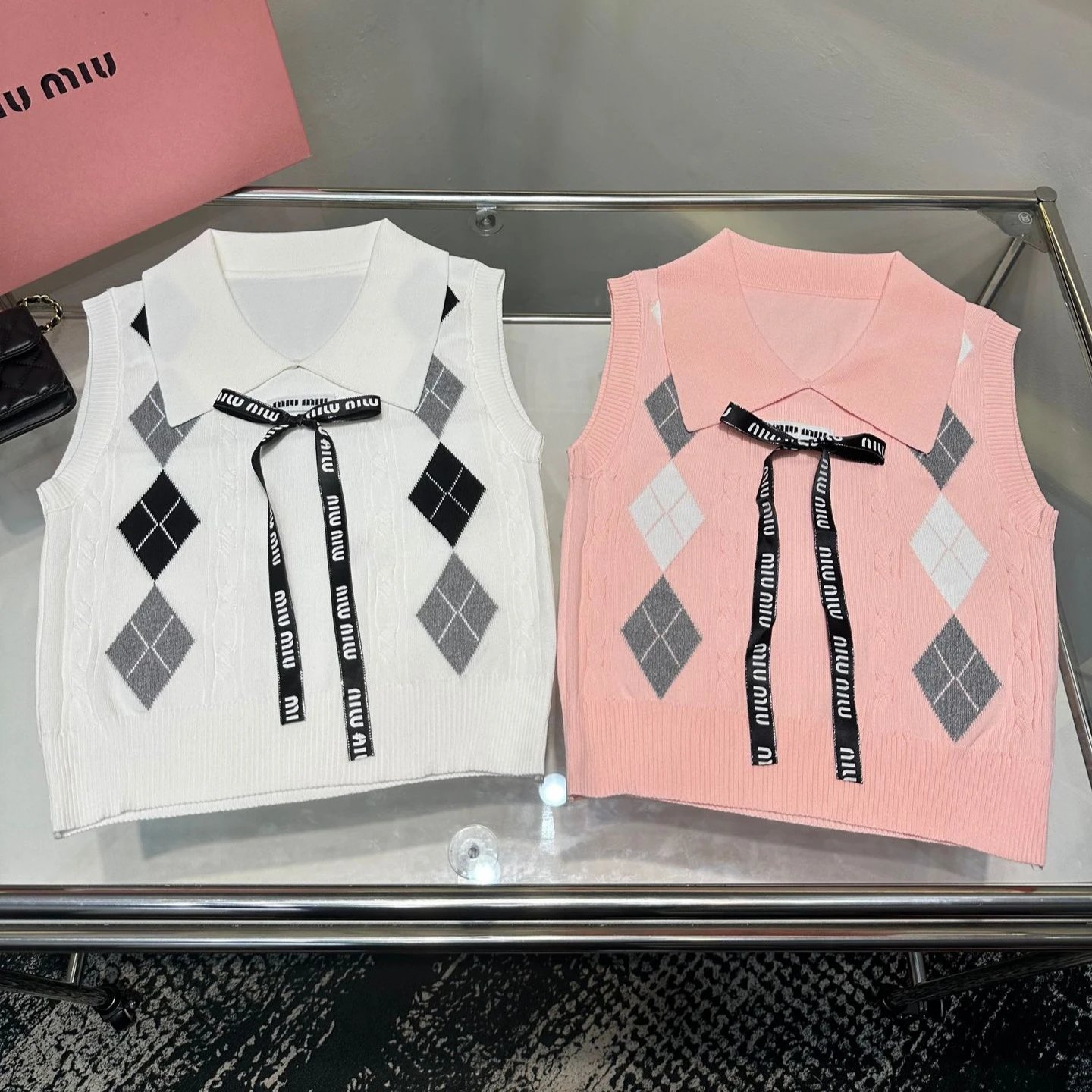 Miu Miu Argyle Knit White Preppy Sleeveless Vest