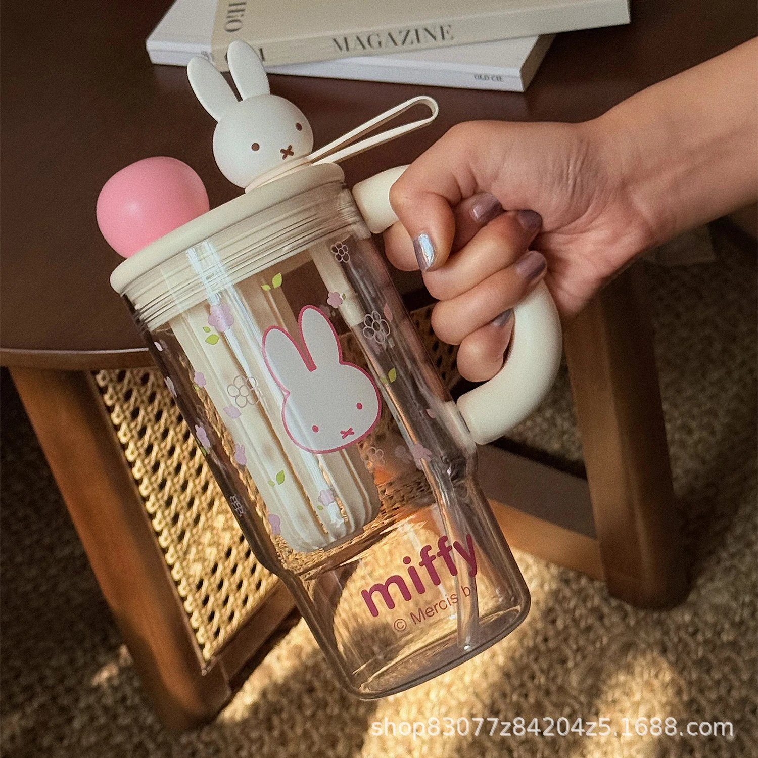 Miffy Clear Acrylic Pink Floral Bunny Handle Mug