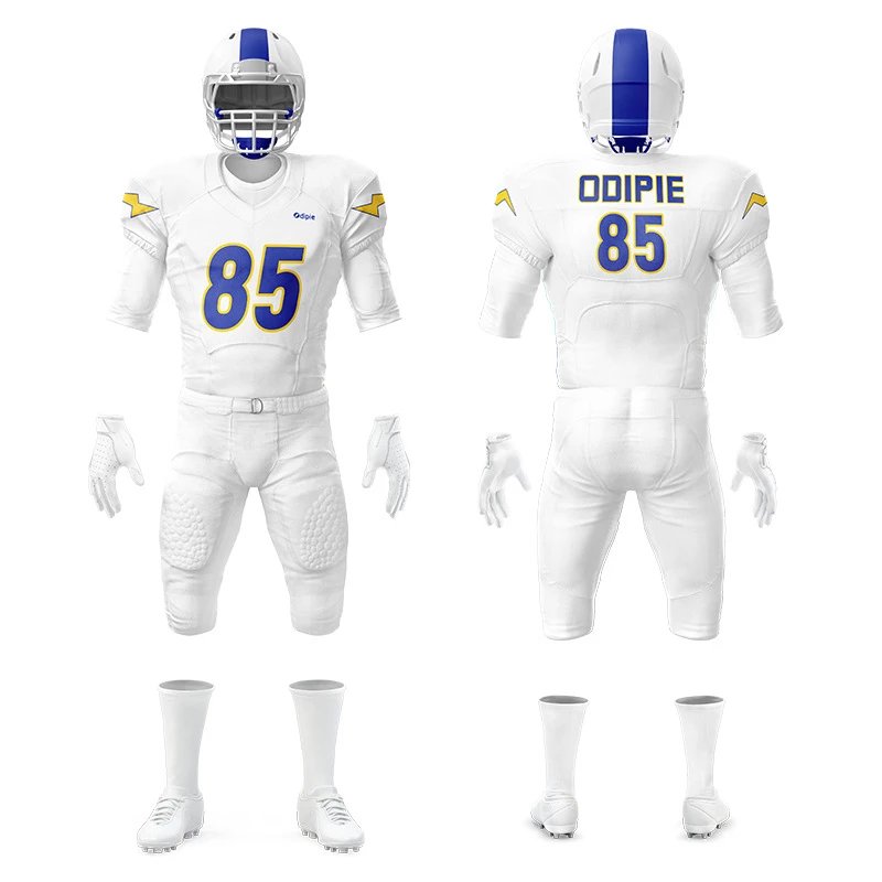 Design Custom Football Uniform Set White with Blue and Yellow Accents Jersey and Pants Activewear
