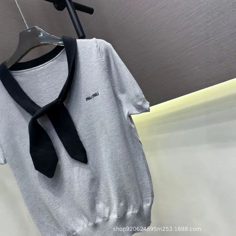 Miu Miu Knit Top Beige V-Neck Tie-Front Casual