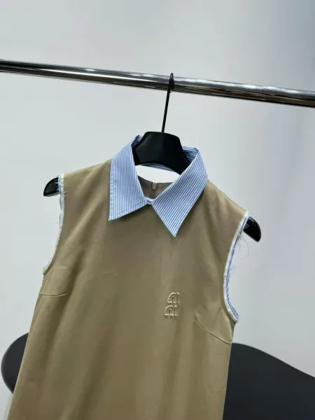 Design Collar-Attached Sleeveless Shirt-Dress in Beige with Striped Detail - 3