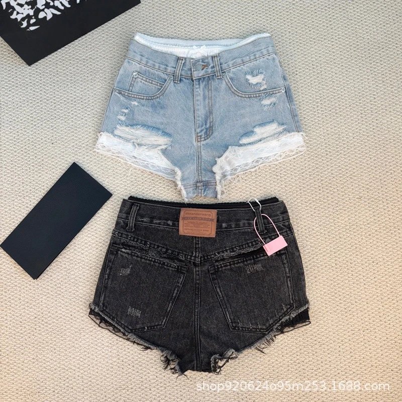 Design Distressed Frayed Hem Denim Shorts Black and Light Wash - 5