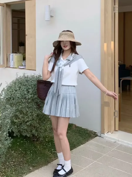 Design Sailor Collar Pleated Skirt Set Navy and White - 7