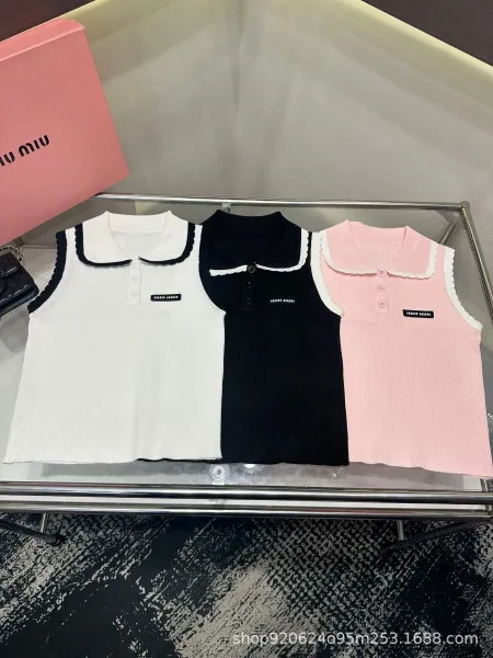 Miu Miu Ribbed Knit Sleeveless Polo Top White with Black Trim - 5