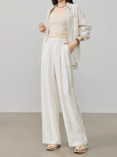 Design Wide-Leg Linen Blend Trousers Beige Pants - 14