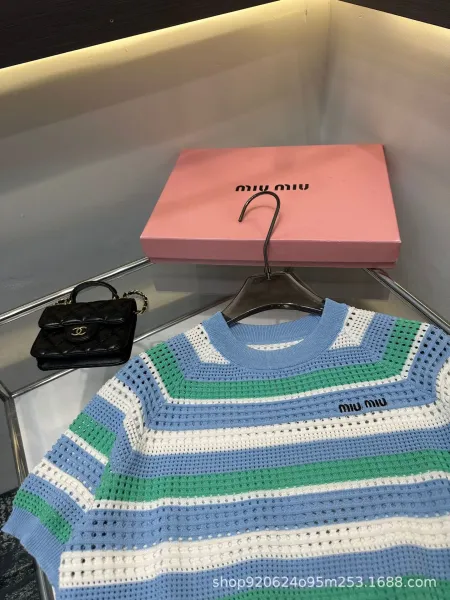 Miu Miu Striped Knit Mesh Top Pink Blue White Sweater - 5